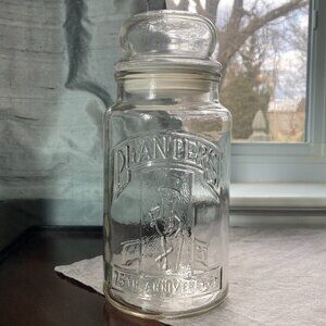 Planters Glass Jar Canister, 75th Anniversary Mr. Peanut, 1906-1981, 8” with Lid